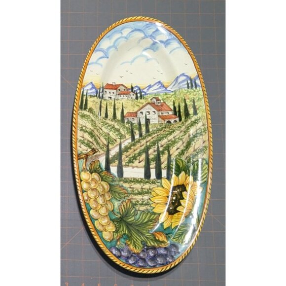 Hand-Painted Italian Ceramic Wall Plate Vineyard Scene Sunflowers - Picture 1 of 16